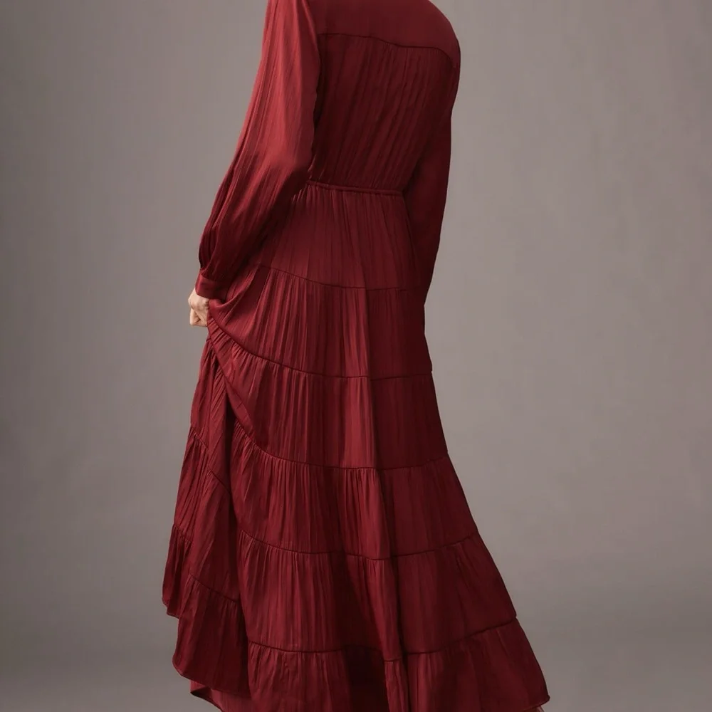 NEW Anthropologie Satin Tiered Button-Front Adjustable Maxi Dress, Red, Medium - Picture 6 of 12